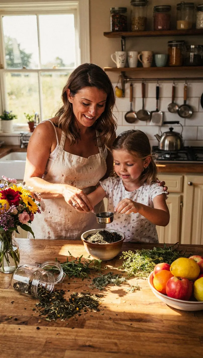 Pohodlné kreslo s dekou a šálkou bylinkového čaju na stole vedľa.