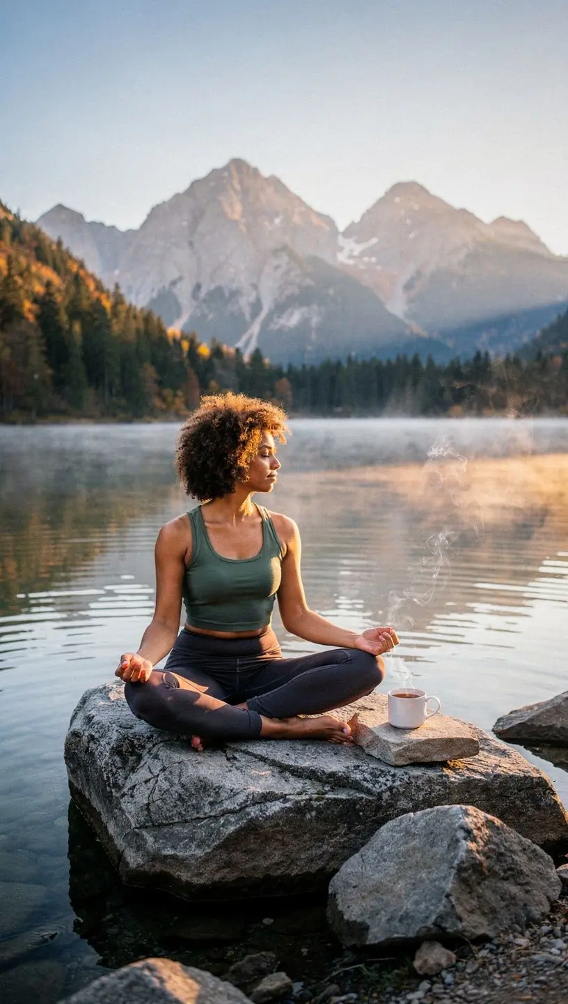 Krajina Slovenska s pokojným jazierkom a šálkou čaju v popredí