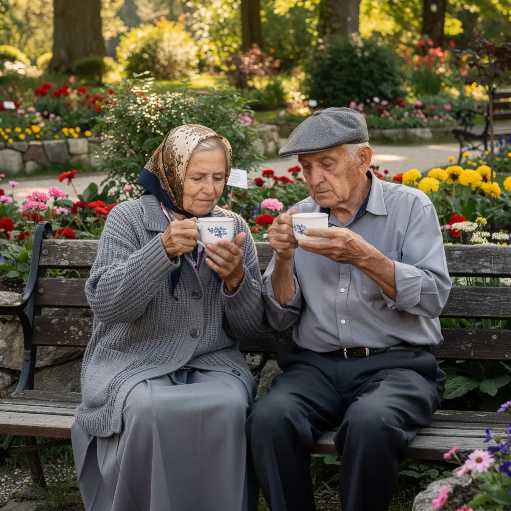 Rodina užívajúca si spoločné chvíle pri pití bylinného čaju v záhrade