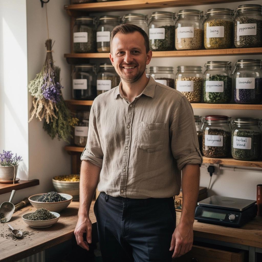 Šálka bylinkového čaju na drevenom stole so sviečkami v pozadí