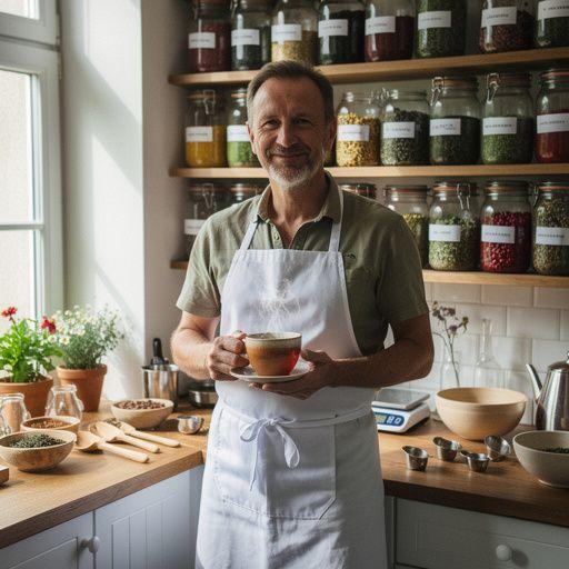 Relaxujúca scéna s osobou, ktorá si vychutnáva čaj v prírode